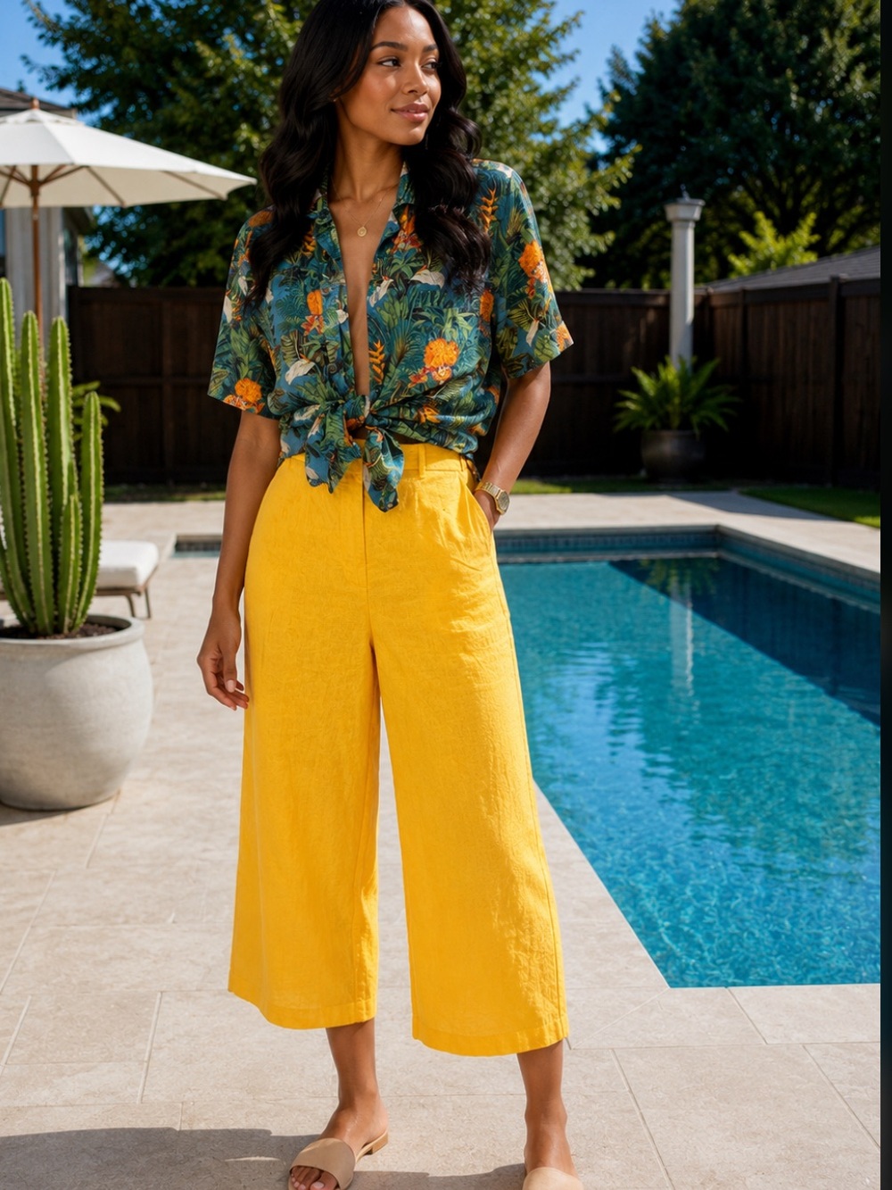 Worthington Mustard Cropped Wide-Leg Linen Pants